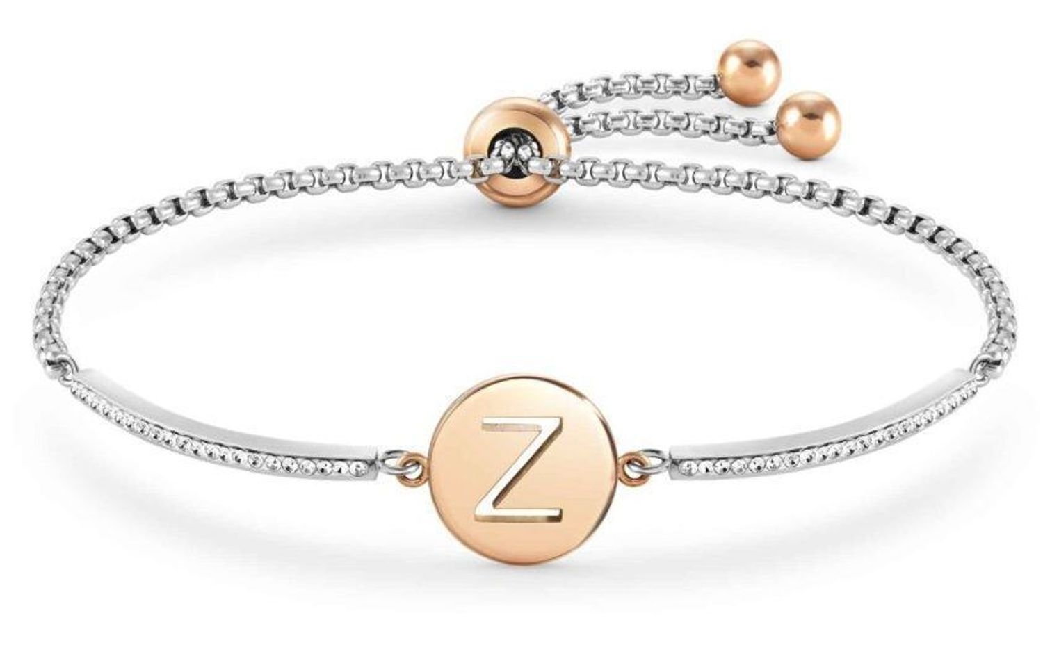 Bransoletka Nomination Italy z kolekcji Milleluci Letters. Wykonana ze stali szlachetnej, zdobiona mieniącymi się, błyszczącymi cyrkoniami pave oraz zawieszką z literą Z.jpg